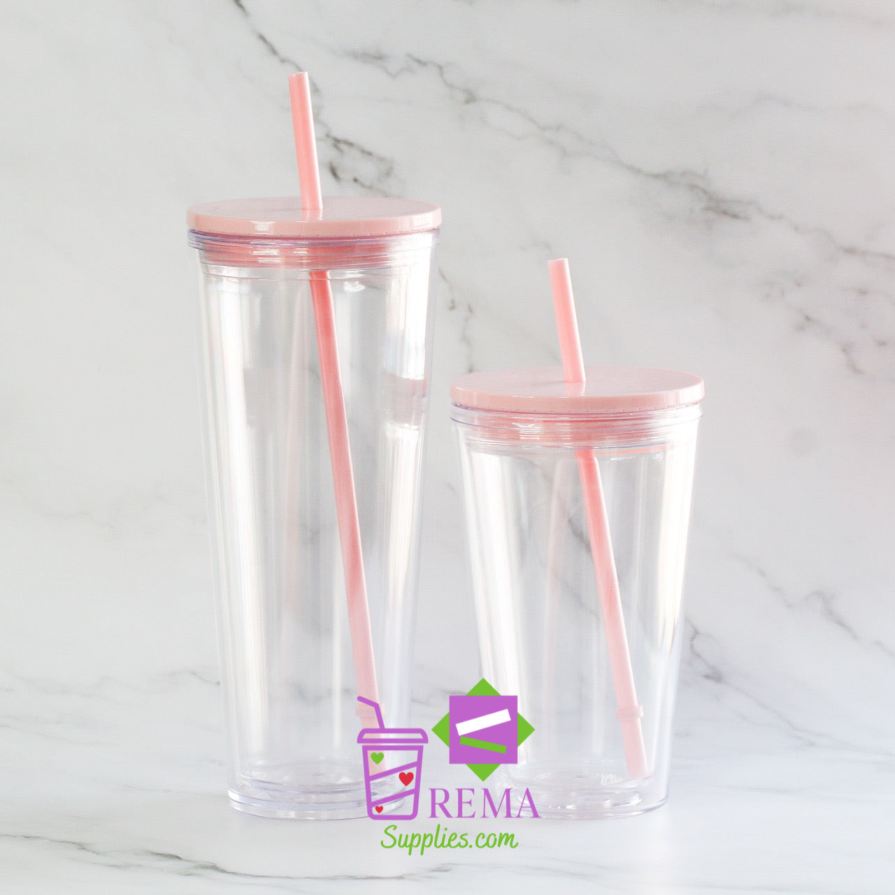 Pre-Drilled Double Wall Acrylic Tumbler, Pink Lid/Straw